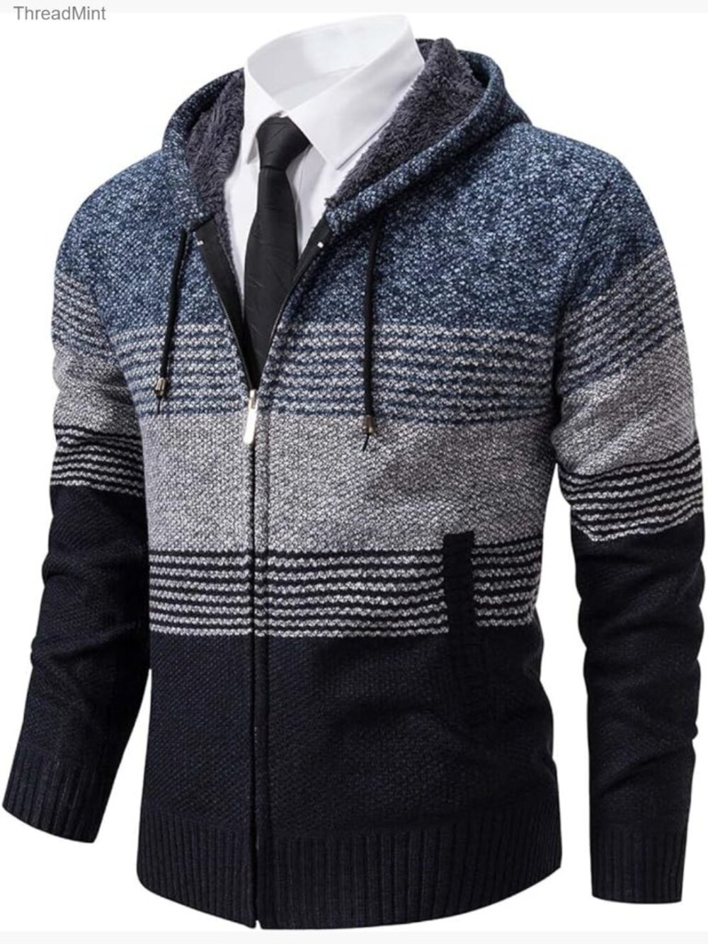 Men's Fleece Lined Full Zip Knit Hooded Cardigan Sweater
